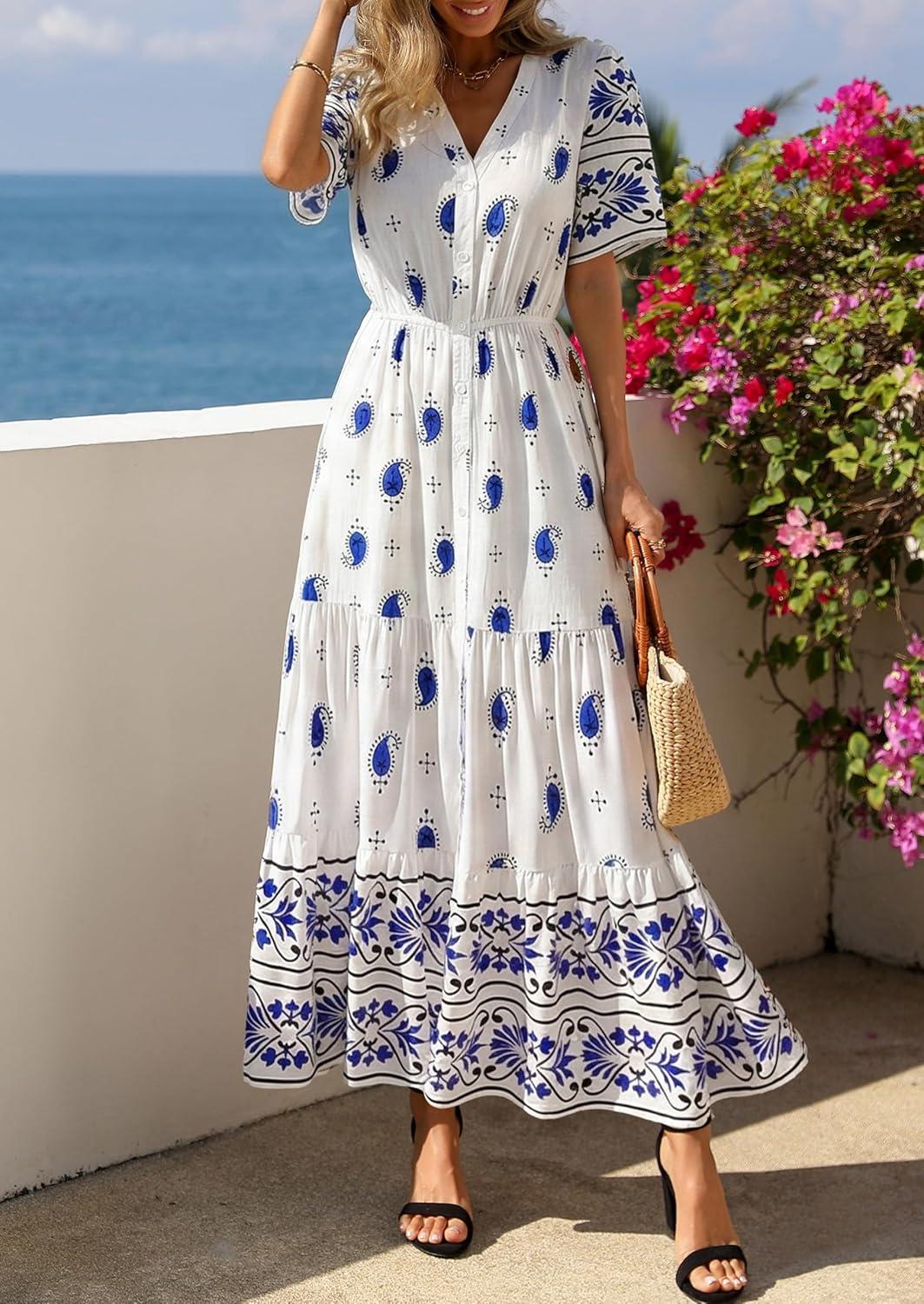 imagePRETTYGARDEN Womens Summer Boho Maxi Dress 2026 Trendy Short Sleeve V Neck Flowy Beach Floral Dresses with PocketsWhite Blue Flower