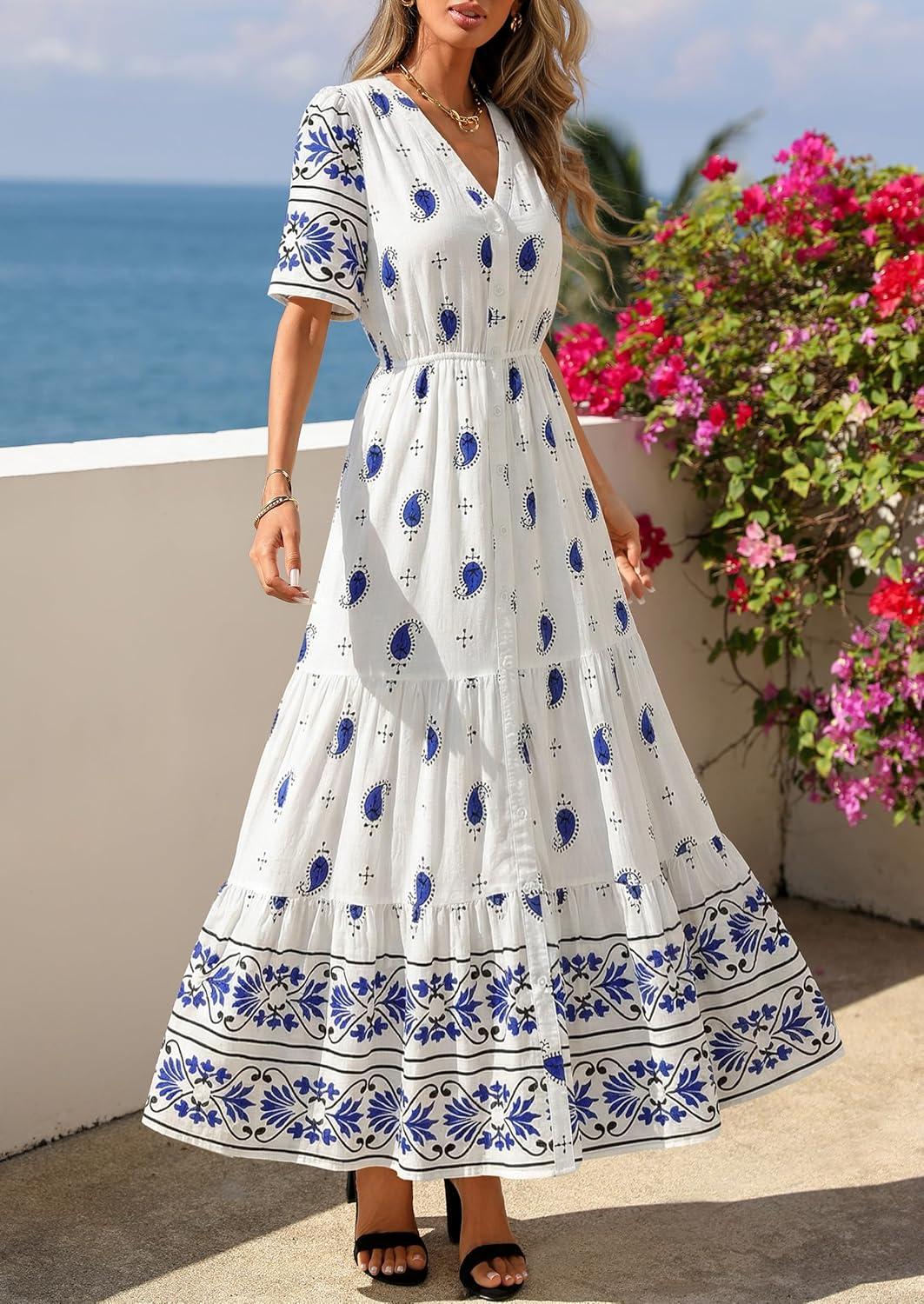 imagePRETTYGARDEN Womens Summer Boho Maxi Dress 2026 Trendy Short Sleeve V Neck Flowy Beach Floral Dresses with PocketsWhite Blue Flower