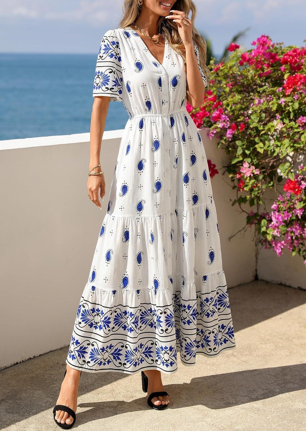 imagePRETTYGARDEN Womens Summer Boho Maxi Dress 2026 Trendy Short Sleeve V Neck Flowy Beach Floral Dresses with PocketsWhite Blue Flower