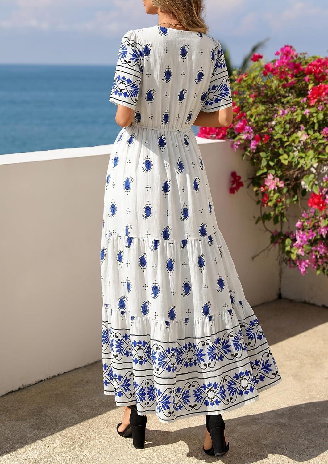 imagePRETTYGARDEN Womens Summer Boho Maxi Dress 2026 Trendy Short Sleeve V Neck Flowy Beach Floral Dresses with PocketsWhite Blue Flower