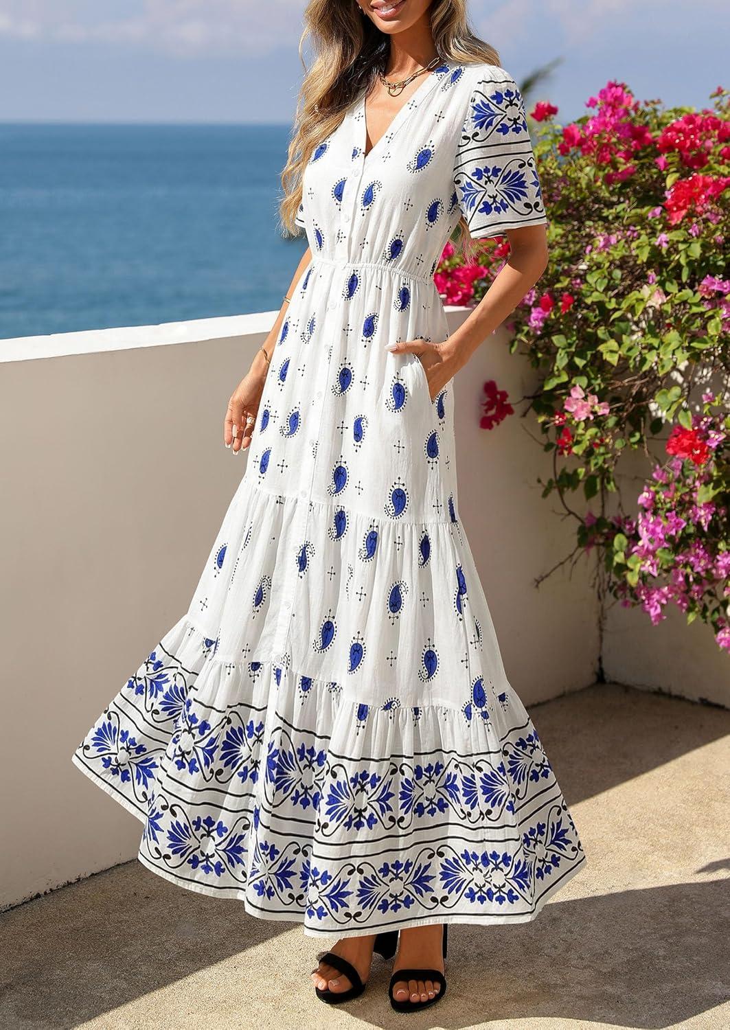 imagePRETTYGARDEN Womens Summer Boho Maxi Dress 2026 Trendy Short Sleeve V Neck Flowy Beach Floral Dresses with PocketsWhite Blue Flower