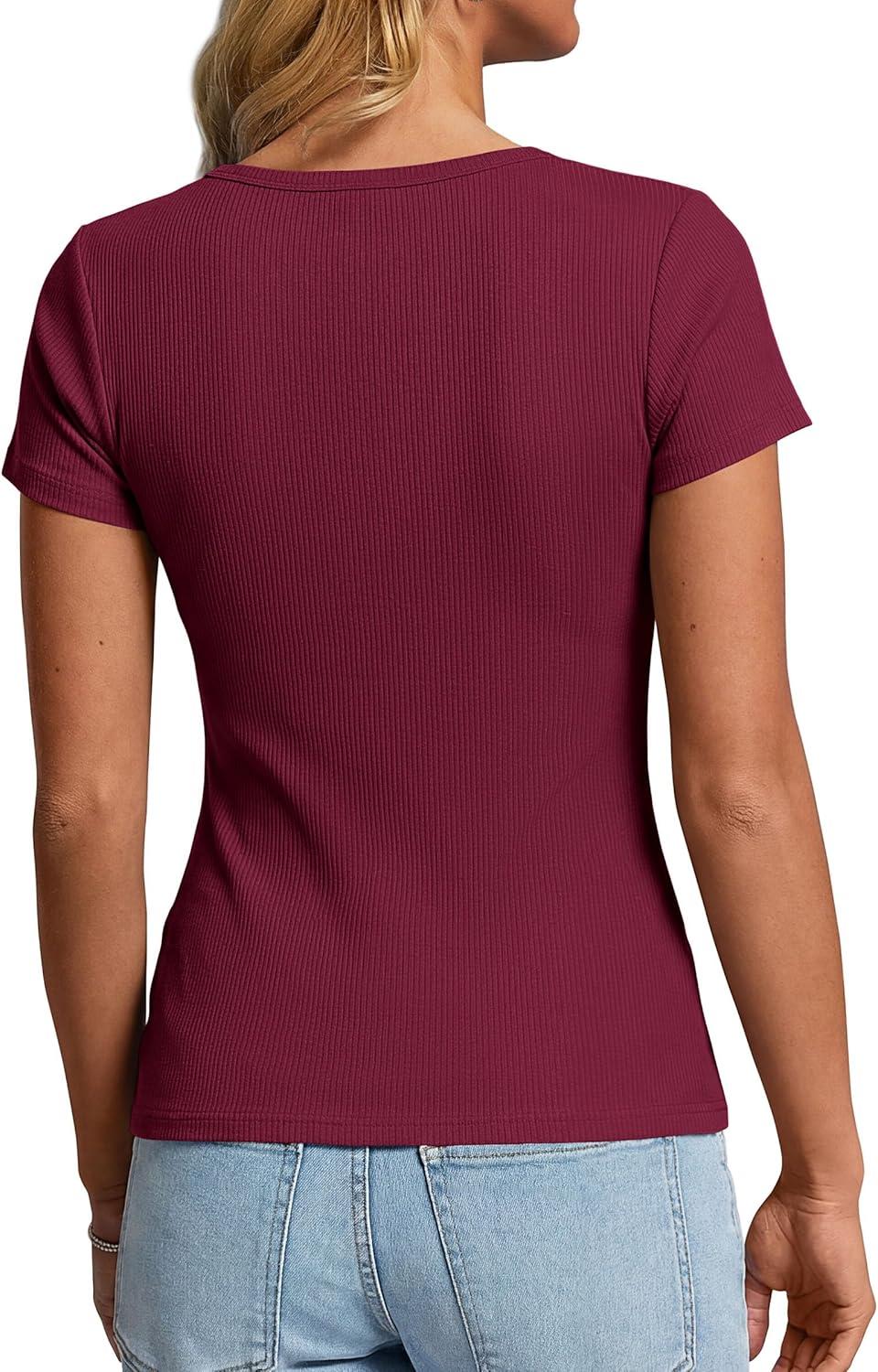 imagePRETTYGARDEN Womens Summer Short Sleeve Tops 2026 Spring Casual V Neck Henley Button Up T Shirts Dressy Ribbed Knit BlousesBurgundy