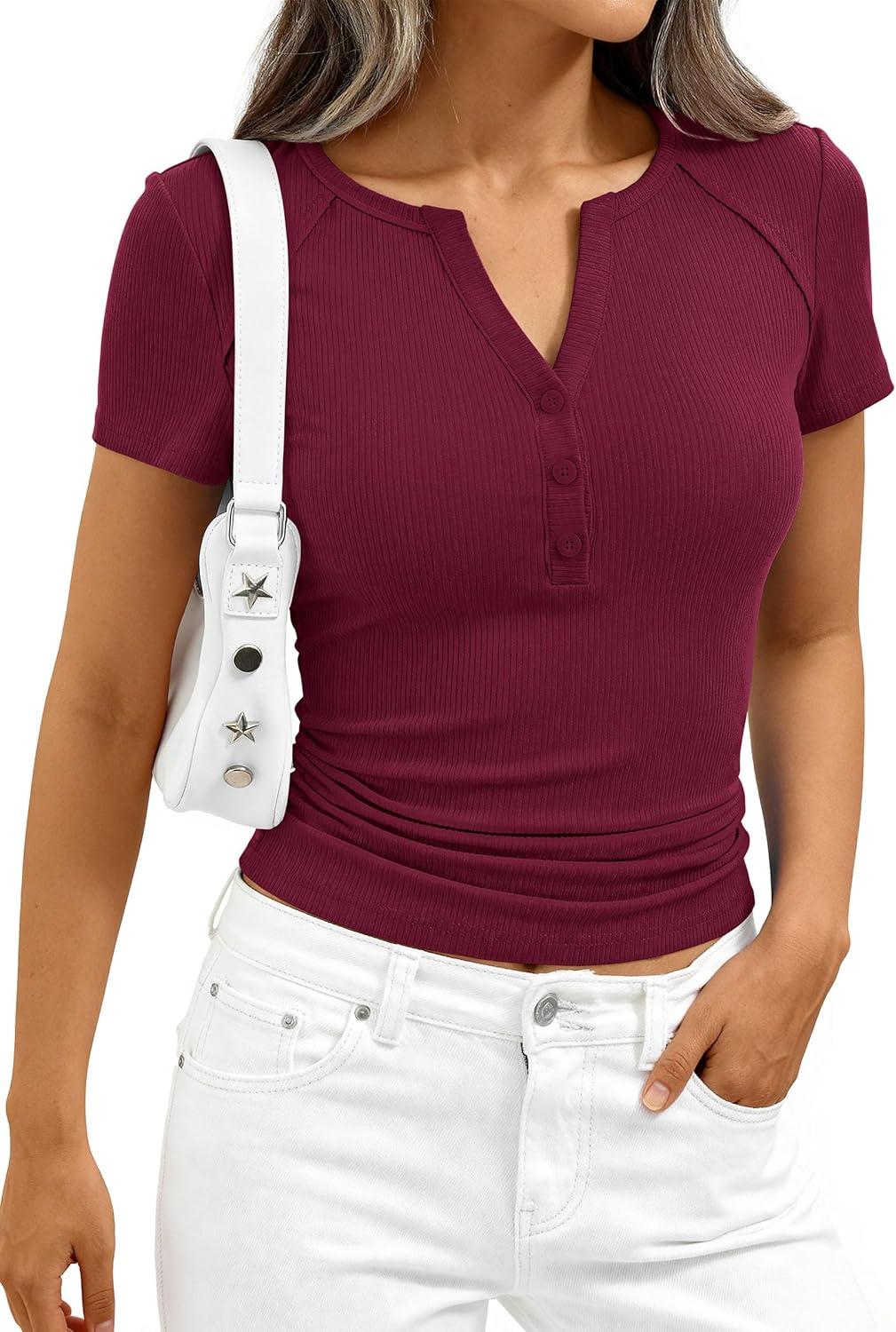 imagePRETTYGARDEN Womens Summer Short Sleeve Tops 2026 Spring Casual V Neck Henley Button Up T Shirts Dressy Ribbed Knit BlousesBurgundy
