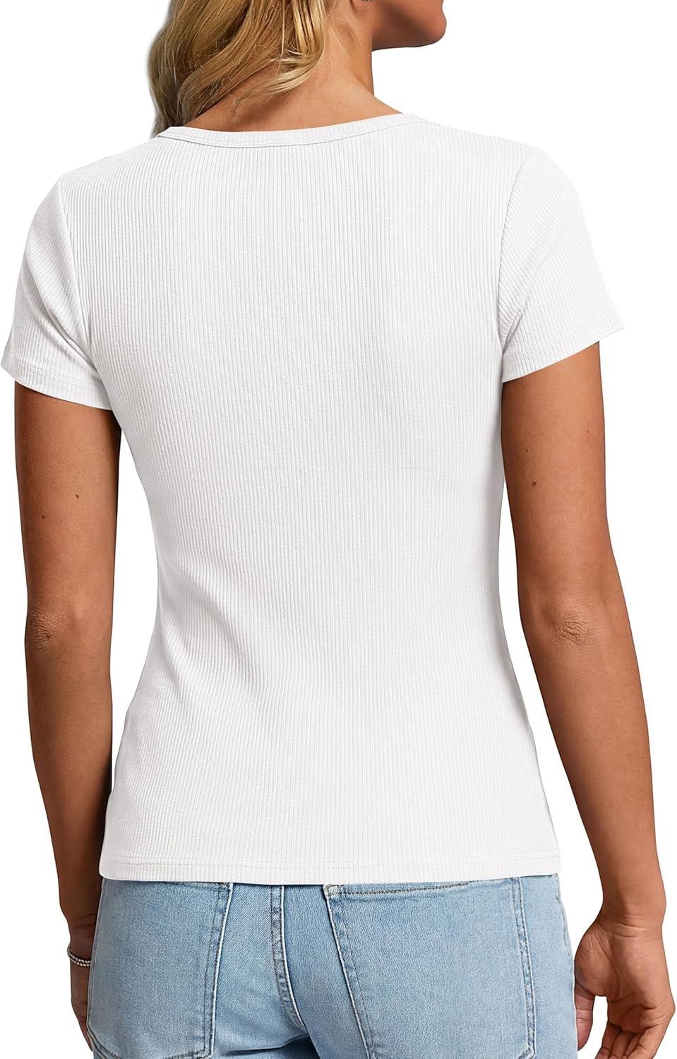 imagePRETTYGARDEN Womens Summer Short Sleeve Tops 2026 Spring Casual V Neck Henley Button Up T Shirts Dressy Ribbed Knit BlousesWhite