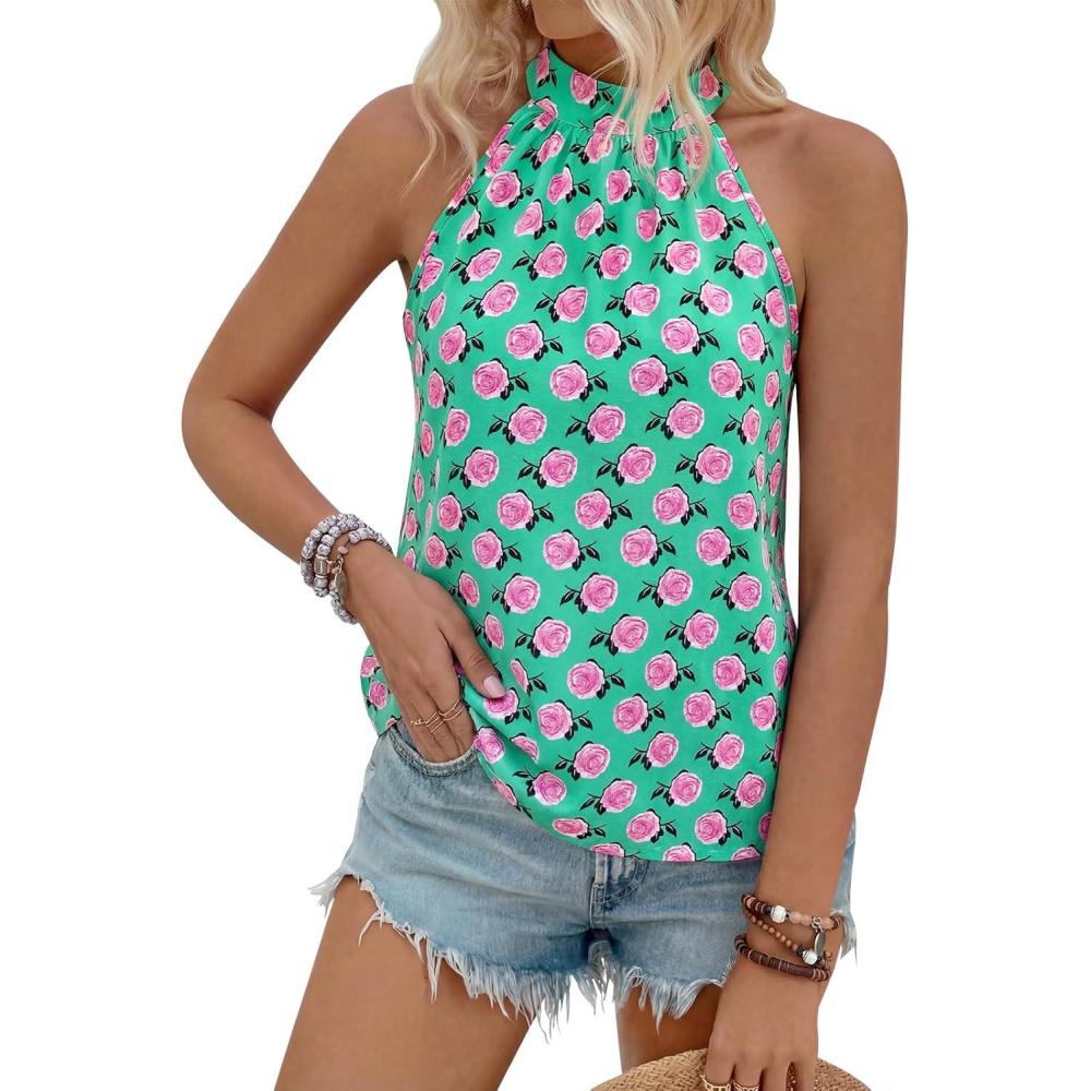 imagePRETTYGARDEN Halter Tops for Women 2026 Summer High Neck Boho Tank Top Sleeveless Beach Vacation Clothes Casual Blouse ShirtsGreen Pink Flower
