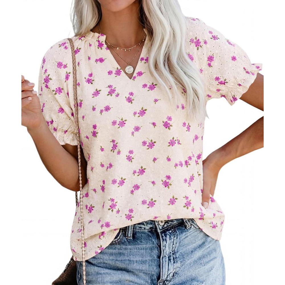 imagePRETTYGARDEN Summer Short Sleeve V Neck Shirts for Women 2026 Trendy Floral Print Loose Ruffle Tops Business Casual BlousesSmall Purple Flower