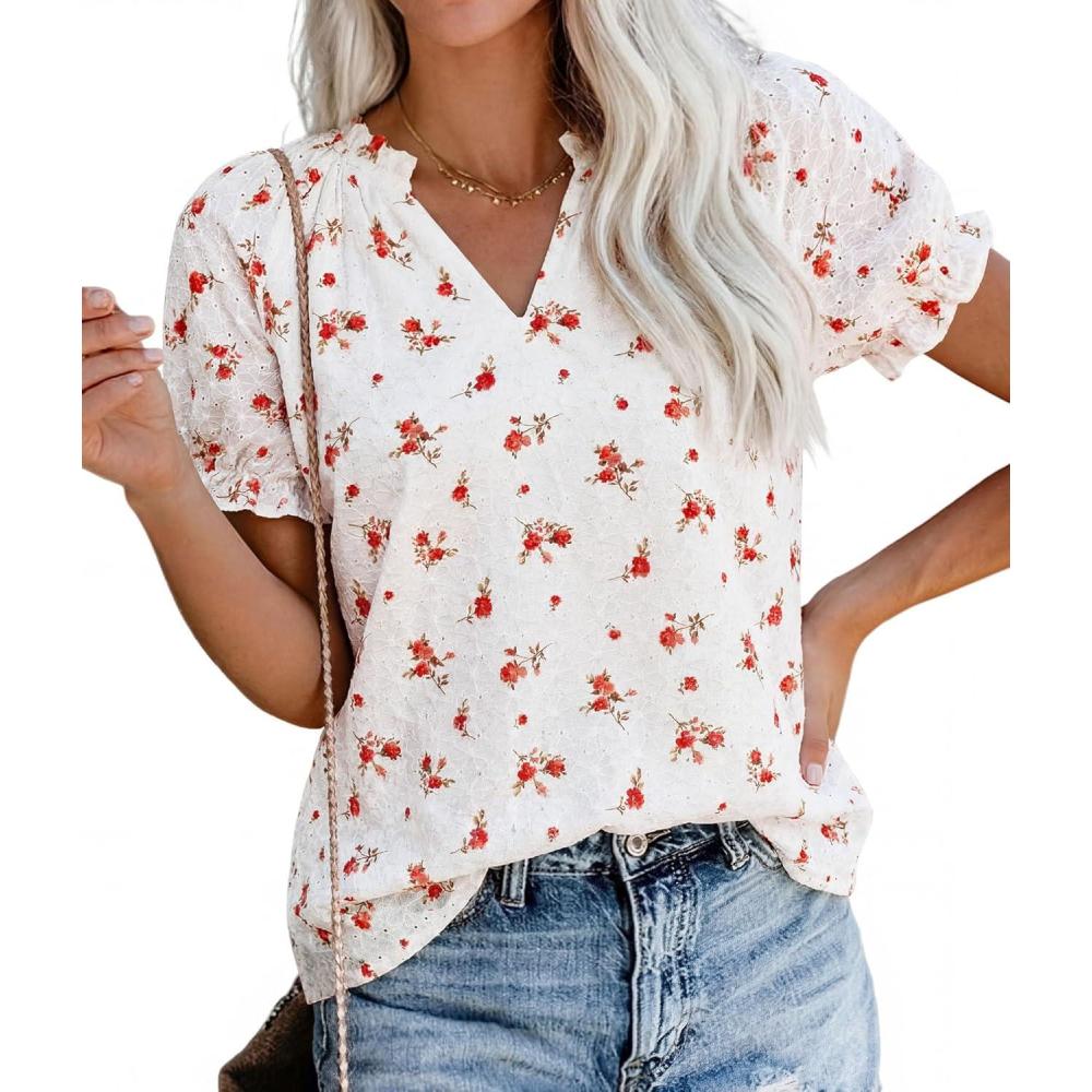 imagePRETTYGARDEN Summer Short Sleeve V Neck Shirts for Women 2026 Trendy Floral Print Loose Ruffle Tops Business Casual BlousesSmall Red Flower
