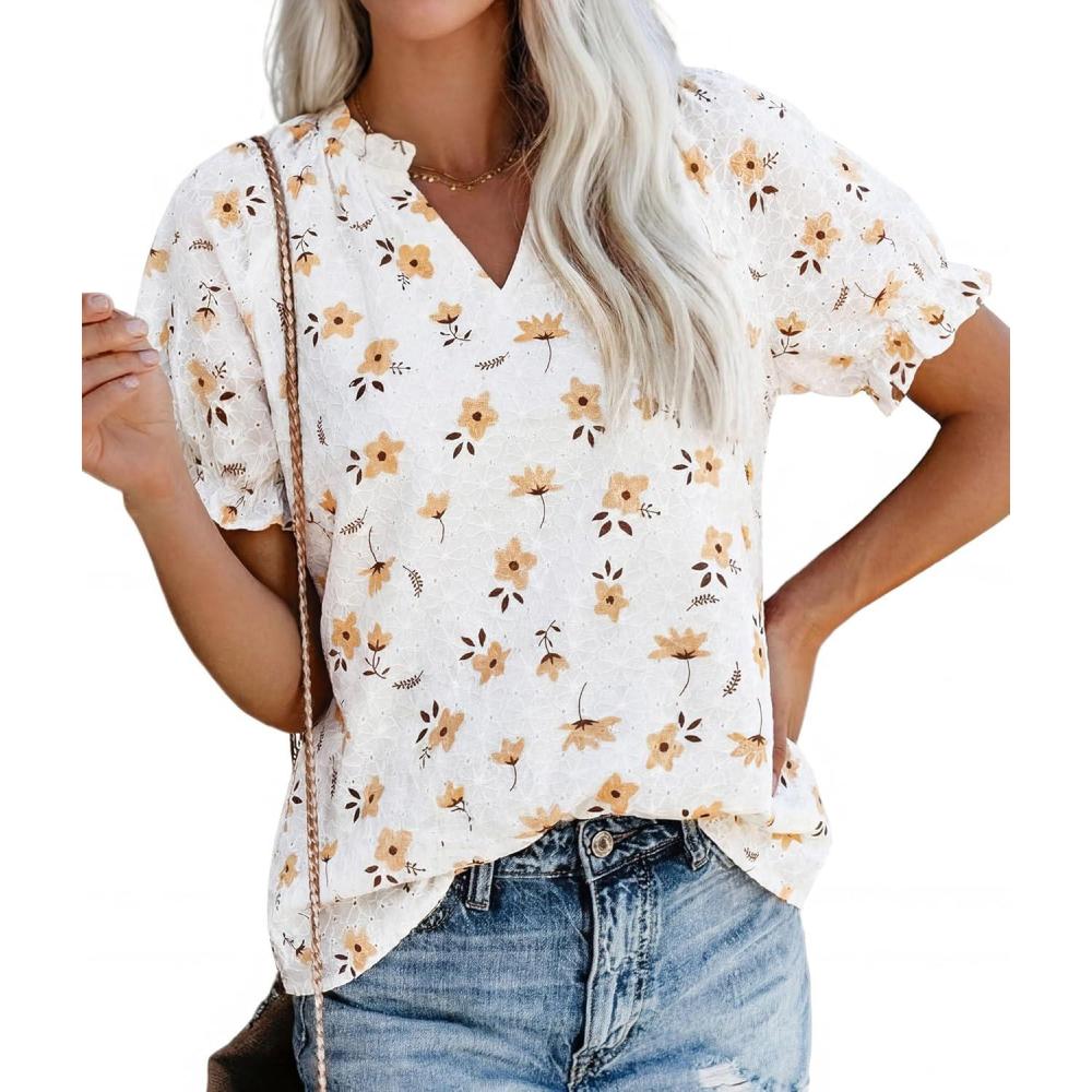 imagePRETTYGARDEN Summer Short Sleeve V Neck Shirts for Women 2026 Trendy Floral Print Loose Ruffle Tops Business Casual BlousesSmall Yellow Flower