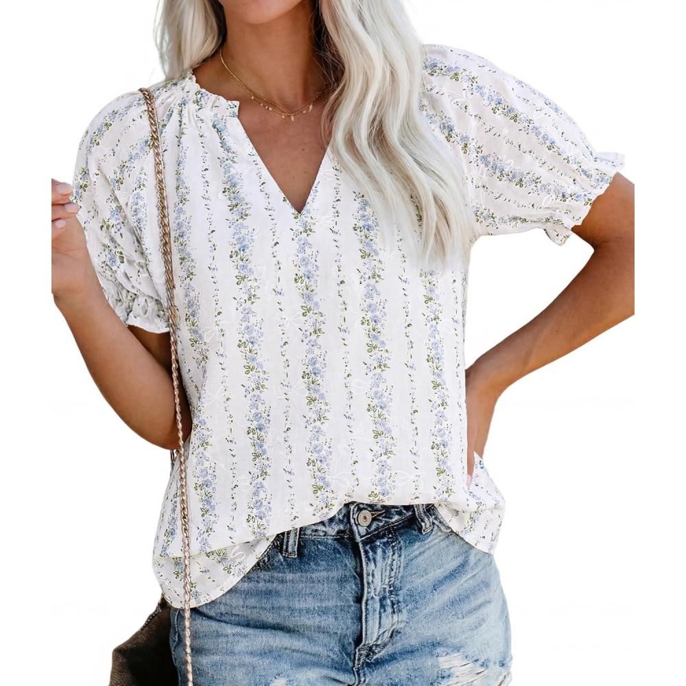 imagePRETTYGARDEN Summer Short Sleeve V Neck Shirts for Women 2026 Trendy Floral Print Loose Ruffle Tops Business Casual BlousesStriped and Flower