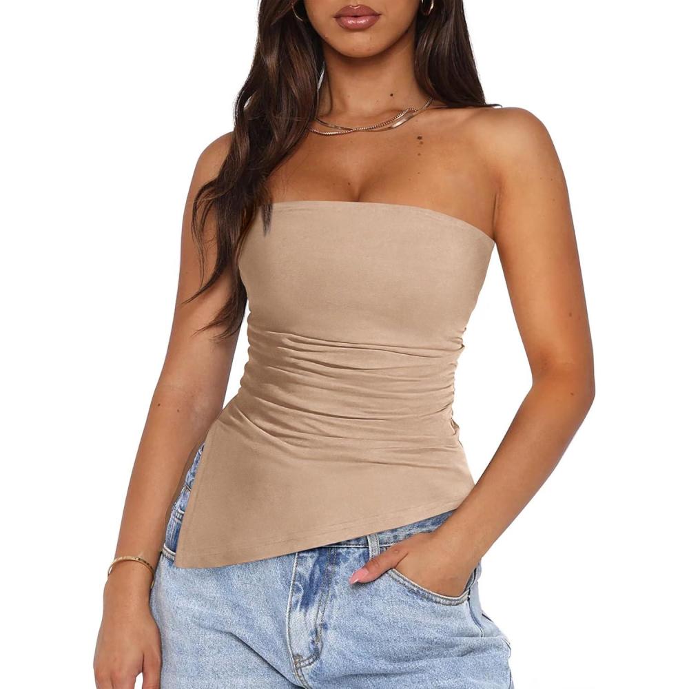 imagePRETTYGARDEN Tube Tops for Women Trendy Summer 2026 Asymmetrical Ruched Strapless Shirts Spring Fashion Going Out Y2K ClothesApricot