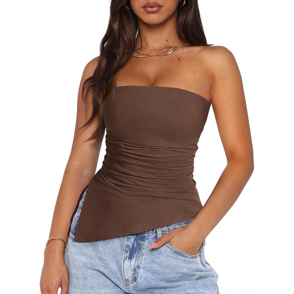 imagePRETTYGARDEN Tube Tops for Women Trendy Summer 2026 Asymmetrical Ruched Strapless Shirts Spring Fashion Going Out Y2K ClothesCoffee