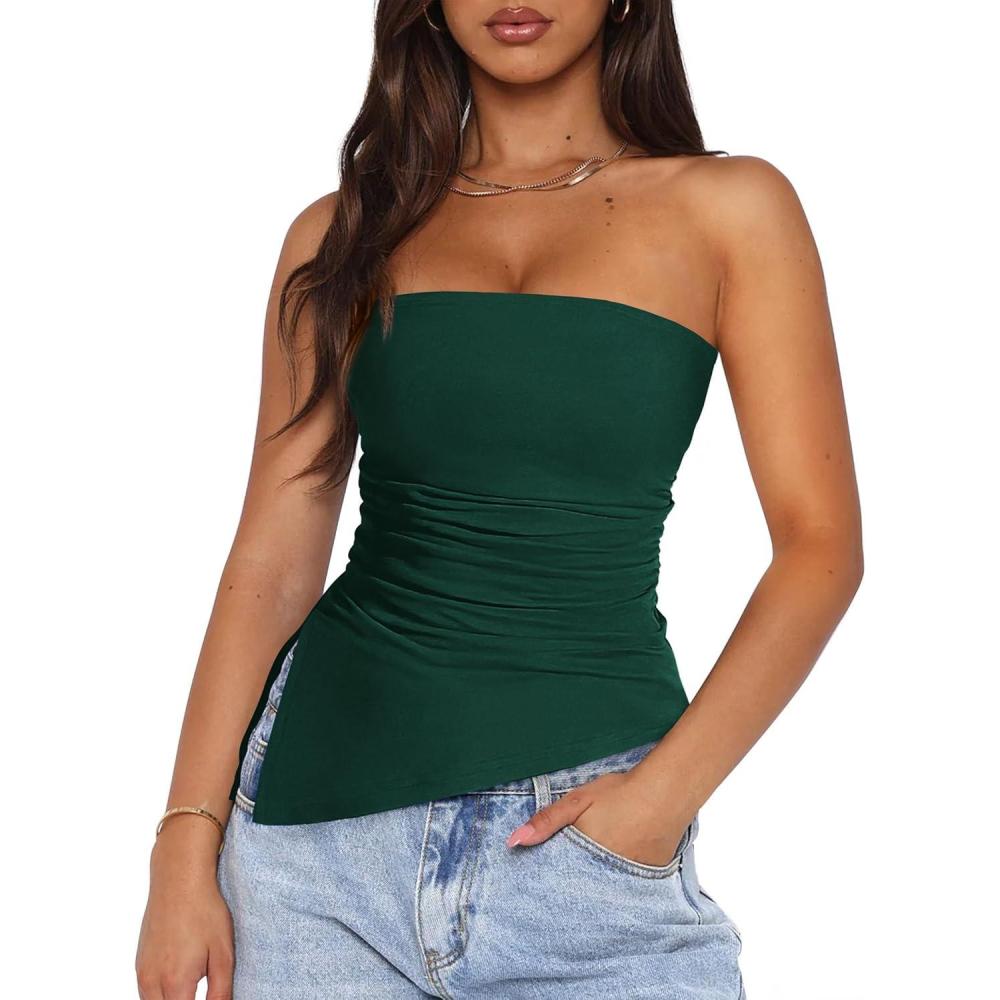 imagePRETTYGARDEN Tube Tops for Women Trendy Summer 2026 Asymmetrical Ruched Strapless Shirts Spring Fashion Going Out Y2K ClothesDark Green