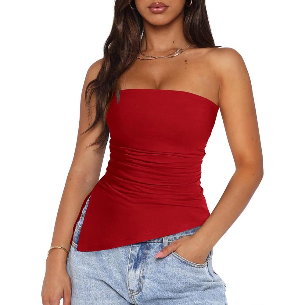 imagePRETTYGARDEN Tube Tops for Women Trendy Summer 2026 Asymmetrical Ruched Strapless Shirts Spring Fashion Going Out Y2K ClothesRed