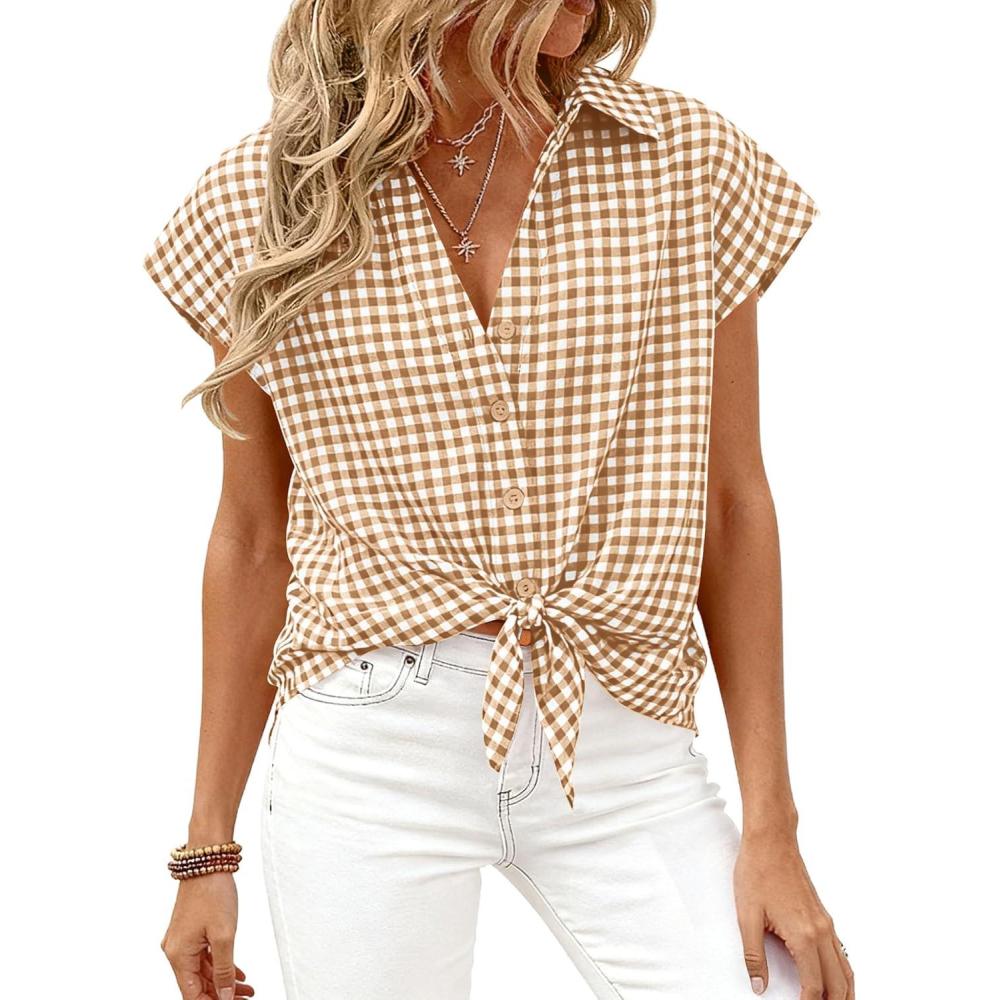 imagePRETTYGARDEN Womens Button Down Shirts V Neck Short Cap Sleeve Collared Plaid Tops 2026 Summer Spring Casual Blouses ClothesBrown