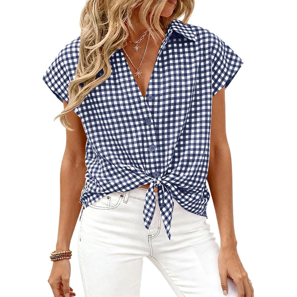 imagePRETTYGARDEN Womens Button Down Shirts V Neck Short Cap Sleeve Collared Plaid Tops 2026 Summer Spring Casual Blouses ClothesNavy