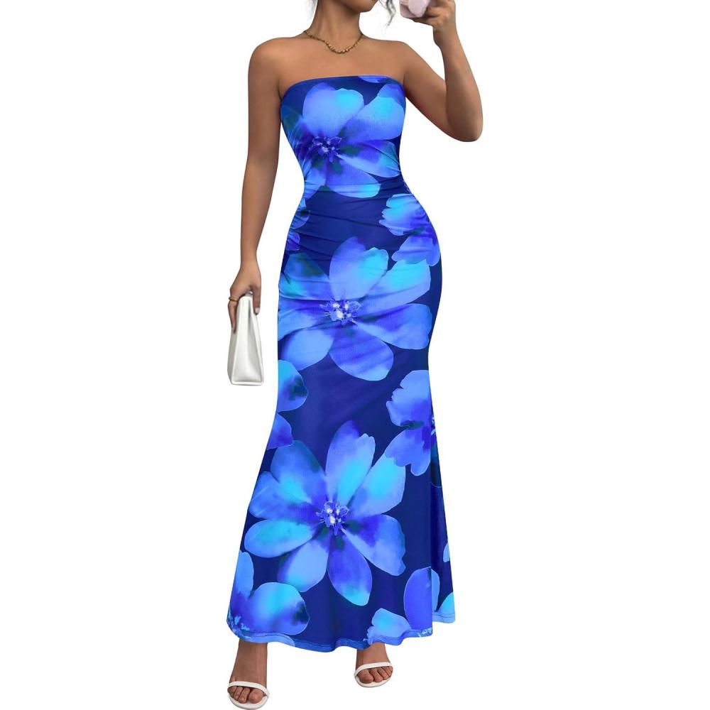 imagePRETTYGARDEN Womens Spring Dresses 2026 Sexy Strapless Tube Bodycon Mesh Ruched Floral Maxi Dress Wedding Club OutfitsBlue Floral
