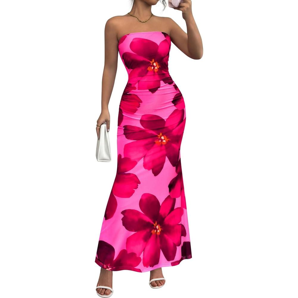 imagePRETTYGARDEN Womens Spring Dresses 2026 Sexy Strapless Tube Bodycon Mesh Ruched Floral Maxi Dress Wedding Club OutfitsRose Red Floral