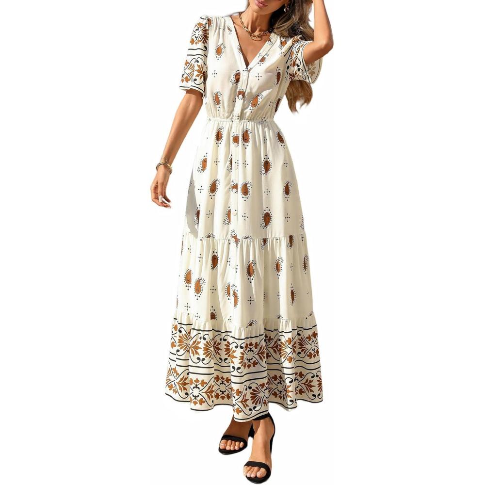 imagePRETTYGARDEN Womens Summer Boho Maxi Dress 2026 Trendy Short Sleeve V Neck Flowy Beach Floral Dresses with PocketsApricot