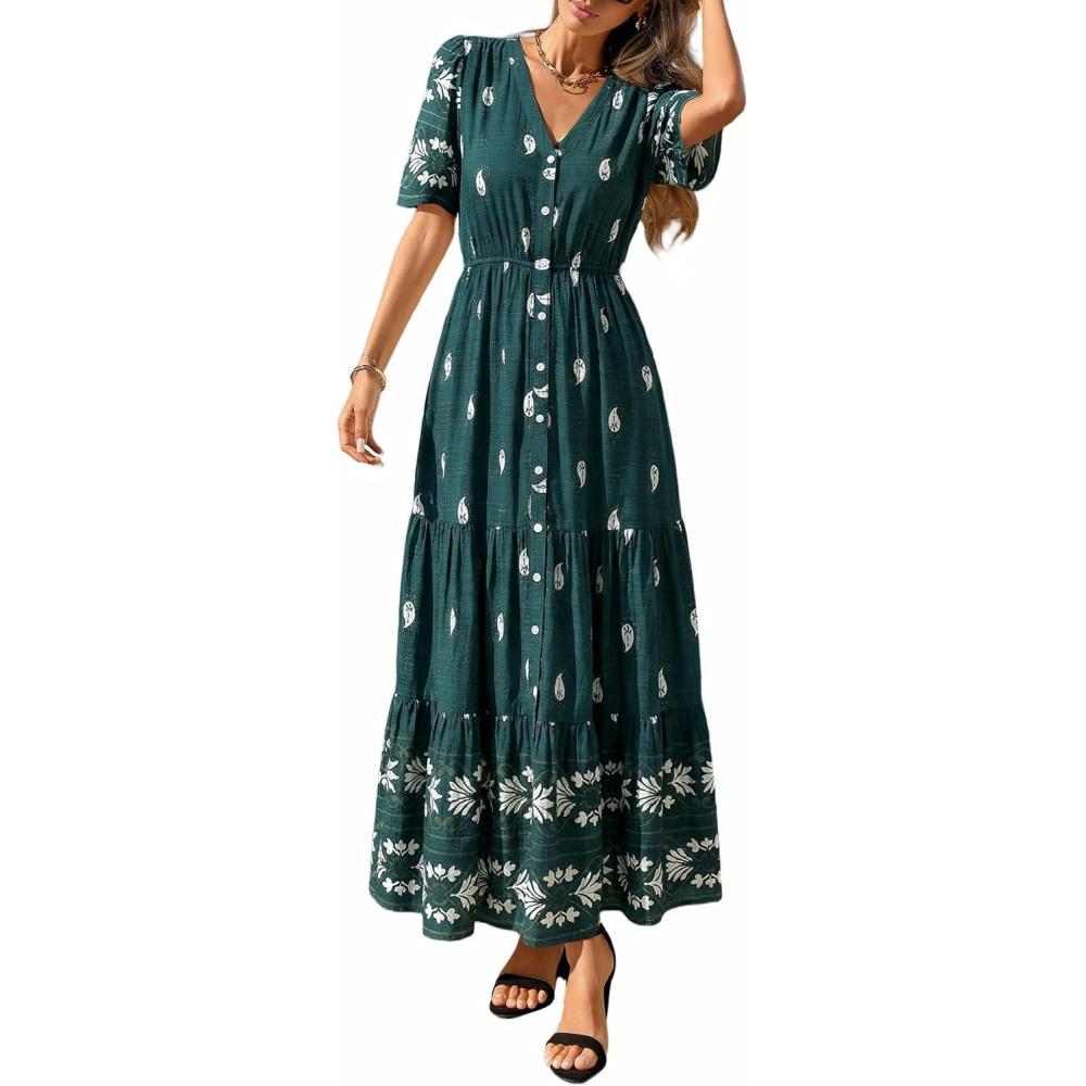 imagePRETTYGARDEN Womens Summer Boho Maxi Dress 2026 Trendy Short Sleeve V Neck Flowy Beach Floral Dresses with PocketsPeacock Blue