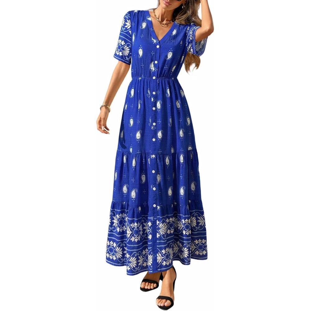 imagePRETTYGARDEN Womens Summer Boho Maxi Dress 2026 Trendy Short Sleeve V Neck Flowy Beach Floral Dresses with PocketsRoyal Blue