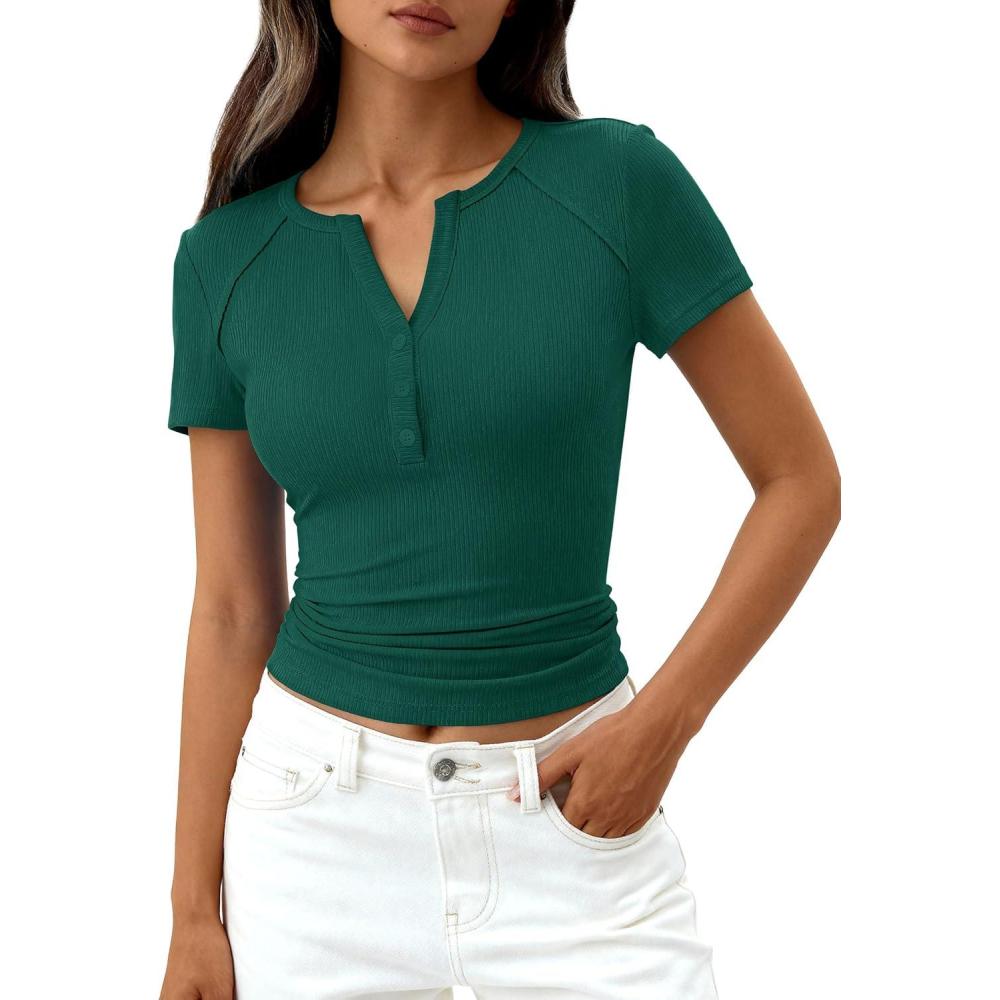imagePRETTYGARDEN Womens Summer Short Sleeve Tops 2026 Spring Casual V Neck Henley Button Up T Shirts Dressy Ribbed Knit BlousesDark Green