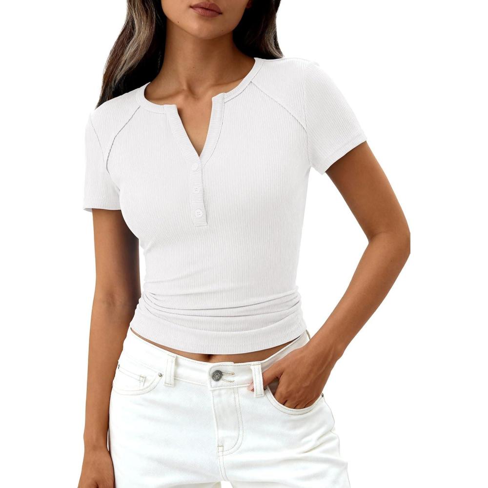 imagePRETTYGARDEN Womens Summer Short Sleeve Tops 2026 Spring Casual V Neck Henley Button Up T Shirts Dressy Ribbed Knit BlousesWhite
