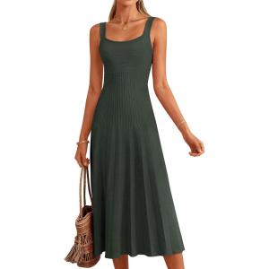 PRETTYGARDEN Spring Dresses for Women 2026 Summer Casual Sleeveless Square Neck A Line Knit Pleated Midi Cocktail Party Dress(Army Green)