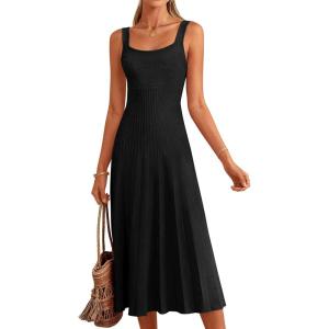 PRETTYGARDEN Spring Dresses for Women 2026 Summer Casual Sleeveless Square Neck A Line Knit Pleated Midi Cocktail Party Dress(Black)
