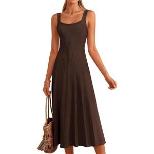 PRETTYGARDEN Spring Dresses for Women 2026 Summer Casual Sleeveless Square Neck A Line Knit Pleated Midi Cocktail Party Dress(Brown)