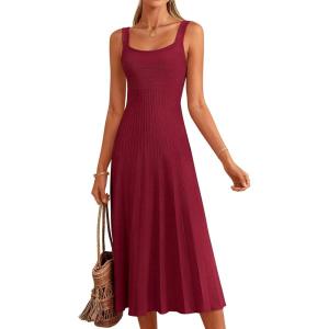 PRETTYGARDEN Spring Dresses for Women 2026 Summer Casual Sleeveless Square Neck A Line Knit Pleated Midi Cocktail Party Dress(Burgundy)