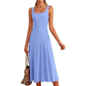 PRETTYGARDEN Spring Dresses for Women 2026 Summer Casual Sleeveless Square Neck A Line Knit Pleated Midi Cocktail Party Dress(Light Blue)