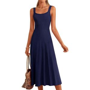 PRETTYGARDEN Spring Dresses for Women 2026 Summer Casual Sleeveless Square Neck A Line Knit Pleated Midi Cocktail Party Dress(Navy Blue)