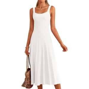 PRETTYGARDEN Spring Dresses for Women 2026 Summer Casual Sleeveless Square Neck A Line Knit Pleated Midi Cocktail Party Dress(White)