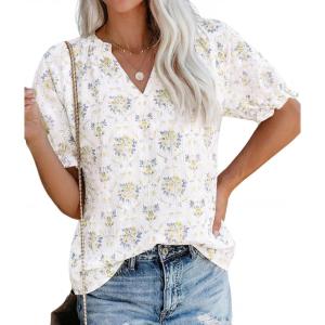 PRETTYGARDEN Summer Short Sleeve V Neck Shirts for Women 2026 Trendy Floral Print Loose Ruffle Tops Business Casual Blouses(Floral Beige)
