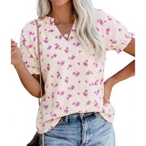 PRETTYGARDEN Summer Short Sleeve V Neck Shirts for Women 2026 Trendy Floral Print Loose Ruffle Tops Business Casual Blouses(Small Purple Flower)