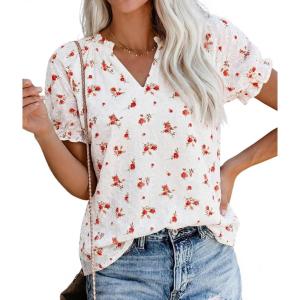 PRETTYGARDEN Summer Short Sleeve V Neck Shirts for Women 2026 Trendy Floral Print Loose Ruffle Tops Business Casual Blouses(Small Red Flower)
