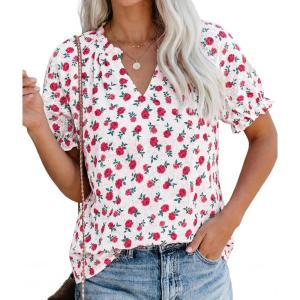 PRETTYGARDEN Summer Short Sleeve V Neck Shirts for Women 2026 Trendy Floral Print Loose Ruffle Tops Business Casual Blouses(Small Rose)