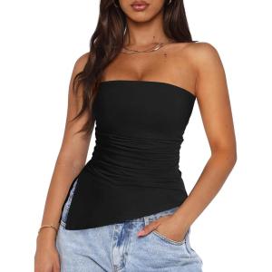 PRETTYGARDEN Tube Tops for Women Trendy Summer 2026 Asymmetrical Ruched Strapless Shirts Spring Fashion Going Out Y2K Clothes(Black)