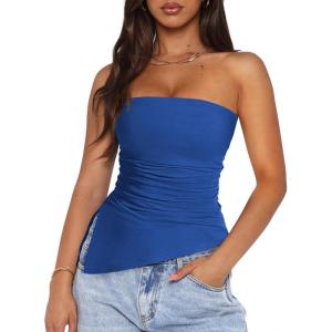PRETTYGARDEN Tube Tops for Women Trendy Summer 2026 Asymmetrical Ruched Strapless Shirts Spring Fashion Going Out Y2K Clothes(Blue)