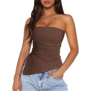 PRETTYGARDEN Tube Tops for Women Trendy Summer 2026 Asymmetrical Ruched Strapless Shirts Spring Fashion Going Out Y2K Clothes(Coffee)