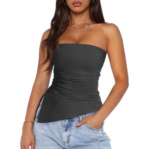 PRETTYGARDEN Tube Tops for Women Trendy Summer 2026 Asymmetrical Ruched Strapless Shirts Spring Fashion Going Out Y2K Clothes(Dark Grey)