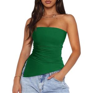 PRETTYGARDEN Tube Tops for Women Trendy Summer 2026 Asymmetrical Ruched Strapless Shirts Spring Fashion Going Out Y2K Clothes(Green)
