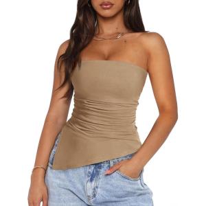 PRETTYGARDEN Tube Tops for Women Trendy Summer 2026 Asymmetrical Ruched Strapless Shirts Spring Fashion Going Out Y2K Clothes(Khaki)