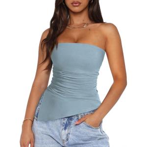 PRETTYGARDEN Tube Tops for Women Trendy Summer 2026 Asymmetrical Ruched Strapless Shirts Spring Fashion Going Out Y2K Clothes(Light Grey Blue)