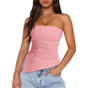 PRETTYGARDEN Tube Tops for Women Trendy Summer 2026 Asymmetrical Ruched Strapless Shirts Spring Fashion Going Out Y2K Clothes(Pink)