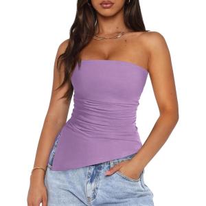 PRETTYGARDEN Tube Tops for Women Trendy Summer 2026 Asymmetrical Ruched Strapless Shirts Spring Fashion Going Out Y2K Clothes(Purple)