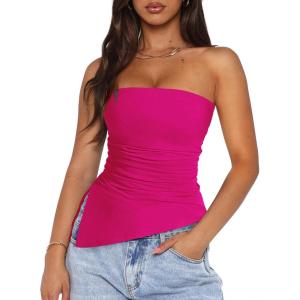 PRETTYGARDEN Tube Tops for Women Trendy Summer 2026 Asymmetrical Ruched Strapless Shirts Spring Fashion Going Out Y2K Clothes(Rose Red)