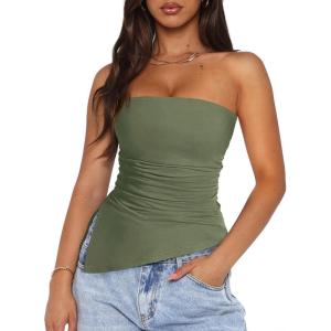 PRETTYGARDEN Tube Tops for Women Trendy Summer 2026 Asymmetrical Ruched Strapless Shirts Spring Fashion Going Out Y2K Clothes(Sage Green)