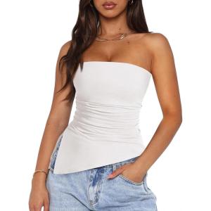 PRETTYGARDEN Tube Tops for Women Trendy Summer 2026 Asymmetrical Ruched Strapless Shirts Spring Fashion Going Out Y2K Clothes(White)