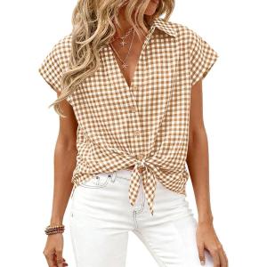 PRETTYGARDEN Womens Button Down Shirts V Neck Short Cap Sleeve Collared Plaid Tops 2026 Summer Spring Casual Blouses Clothes(Brown)
